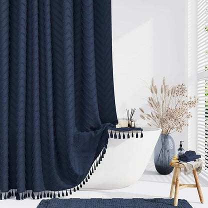 Dynamene Boho Farmhouse Shower Curtain, Navy Blue Fabric Tufted Chevron Striped Textured Tassel Shower Curtains for Bathroom, Water Repellent, Minimalist Cloth Shower Curtain Set with Hook, 72x72