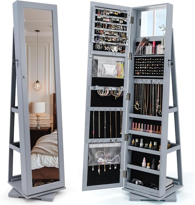 CHARMAID 360° Swivel Jewelry Armoire with Full Length Mirror, Standing Lockable Jewelry Cabinet Organizer, Large Storage Capacity, Inside Makeup Mirror, Back Storage Shelves (Gray)