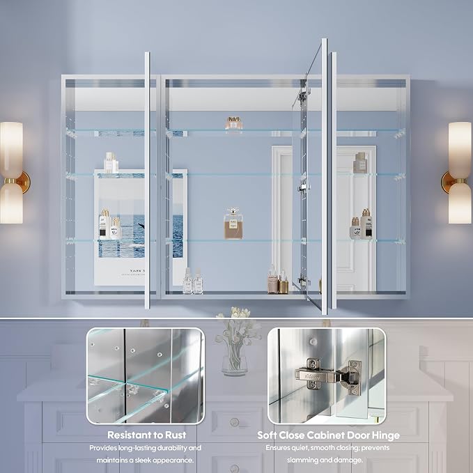 56" x 36" Bathroom Medicine Cabinet with Mirror, Anodized Chrome Aluminum Frame, Surface Mount or Recessed Medicine Cabinet with Mirror, Bathroom Mirror with Storage, Three Doors