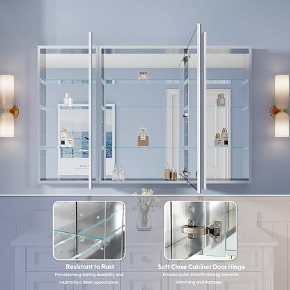56" x 36" Bathroom Medicine Cabinet with Mirror, Anodized Chrome Aluminum Frame, Surface Mount or Recessed Medicine Cabinet with Mirror, Bathroom Mirror with Storage, Three Doors