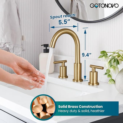 gotonovo 8 Inch Widespread 3 Hole Bathroom Sink Faucet Brushed Gold | SUS304,2 Lever Handle Bathroom Faucet,360° Swivel Spout,24’’ cUPC Hose,6-16’’ Vanity,Sink,Lavatory,Basin,RV,Pop-up Drain