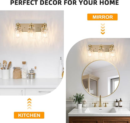 3 Light Bathroom Vanity Light Modern Brushed Gold Bathroom Light Fixtures Over Mirror with Hammered Glass Lampshade for Kitchen Hallway