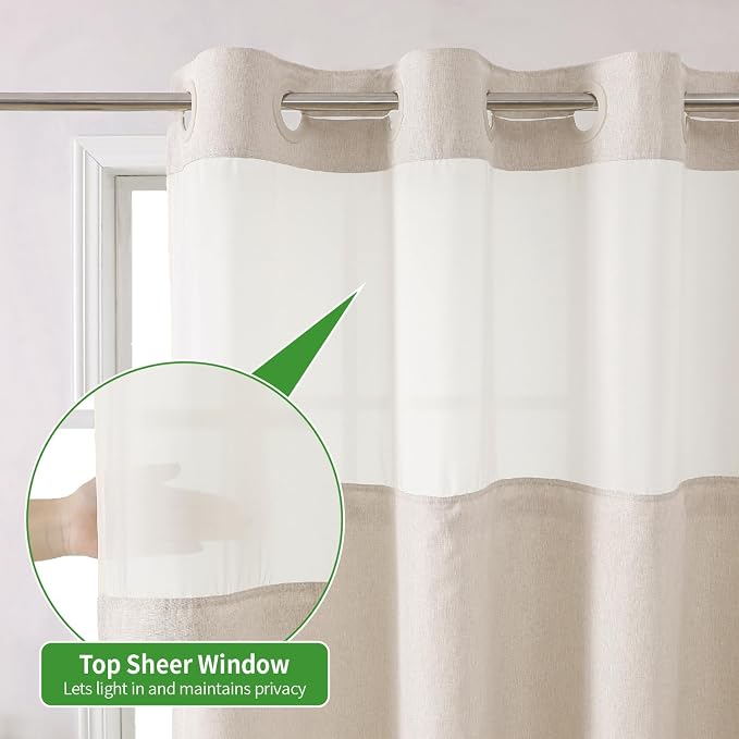eachope No Hook Linen Texture Shower Curtain with Snap-in Liner,71x92 Cream | Extra Long,230GSM Thick Fabric,Hotel Luxury Decor,Mesh Top Window,Bottom Magnetic,Waterproof & Machine Washable,for Bathroom