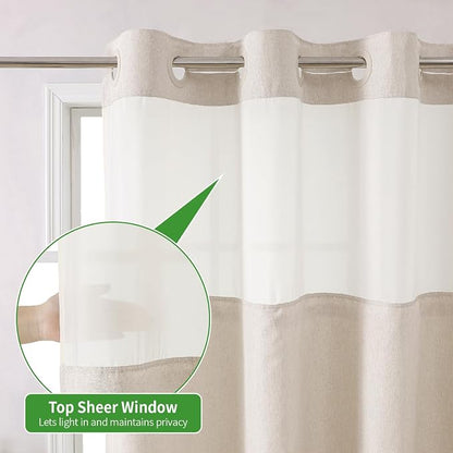 eachope No Hook Linen Texture Shower Curtain with Snap-in Liner,71x92 Cream | Extra Long,230GSM Thick Fabric,Hotel Luxury Decor,Mesh Top Window,Bottom Magnetic,Waterproof & Machine Washable,for Bathroom