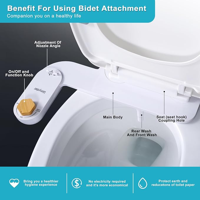 Bidet Attachments for Toilet Seat Non-Electric Cold Wash | Self-Cleaning Retractable Nozzle,Adjustable Water Pressure&Spray Angle,Fits Elongated & Round Toilet,Bamboo Knob,Easy Install