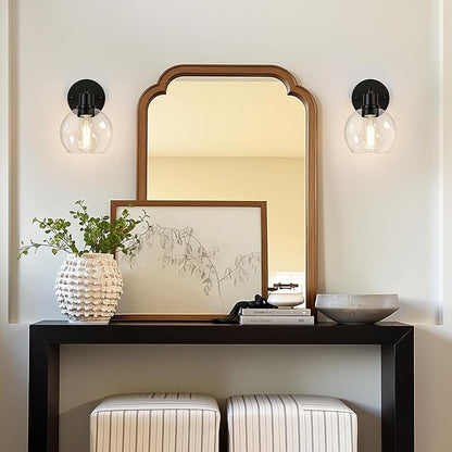Set of 2 Black Modern Bathroom Wall Sconces, Clear Glass Vanity Lights with E26 Socket, Up & Down Reversible Bathroom Light Fixtures for Mirror, Bedroom, Hallway, Living Room