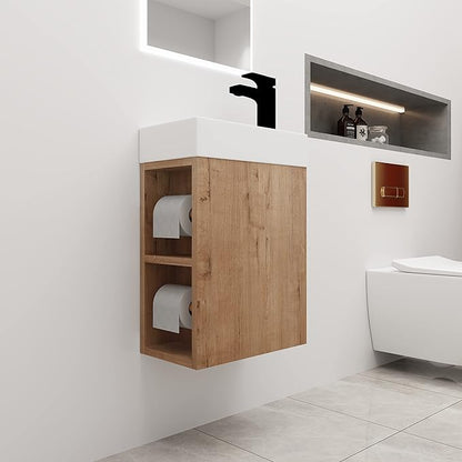 16 Inch Bathroom Vanity with White Sink Combo,Wall-Mounted Bathroom Vanity for Small Space,Modern Floating Bathroom Cabinet with Open Shelves,Brown