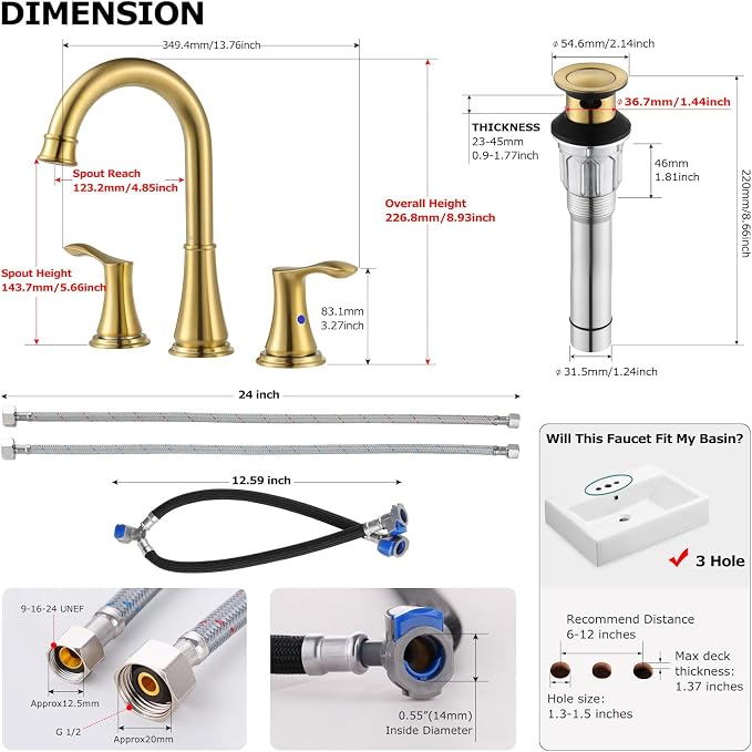 Brushed Gold Widespread Bathroom Sink Faucet 8 Inch for Vanity | with All Metal Pop Up Drain, High Arc 2 Handle Lead-Free Deck Mount Bathroom Faucet for 3 Hole Lavatory Utility Sink