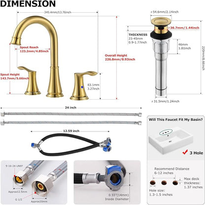 Brushed Gold Widespread Bathroom Sink Faucet 8 Inch for Vanity | with All Metal Pop Up Drain, High Arc 2 Handle Lead-Free Deck Mount Bathroom Faucet for 3 Hole Lavatory Utility Sink