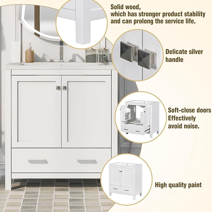 LUMISOL 30" Bathroom Vanity Set with Sink, Solid Wood Bathroom Cabinet with One Drawer and Two Doors, Multi-Function Storage Organizers, Undermount Sink Basin, White