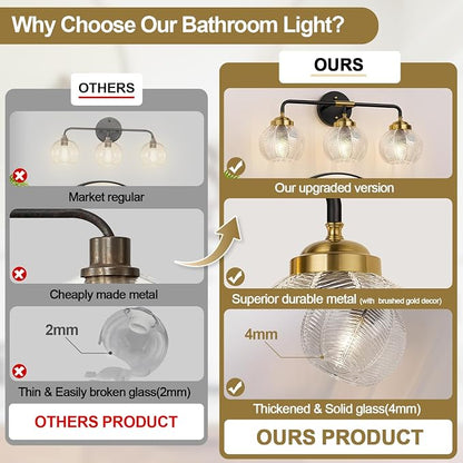 MOKATNG Bathroom Light Fixtures, 3-Light Clear Vanity Lights with Unique Leaf Texture Glass Shade, Modern Matte Black and Gold Bathroom Wall Lamp for Mirror Hallway Cabinet Living Room