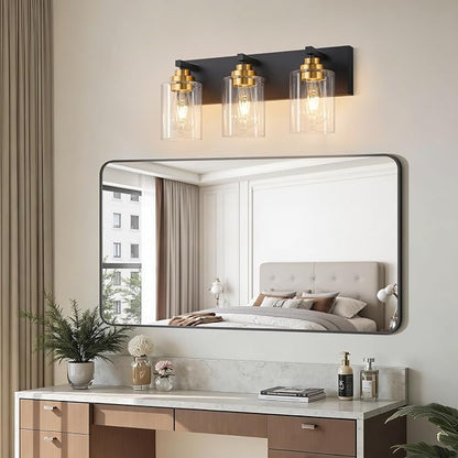 Vanity Lights for Bathroom, 3-Light Black and Gold Bathroom Vanity Light Over Mirror with Clear Glass Shades, Modern Bathroom Light Fixtures for Living Room Hallway Cabinet (Bulbs Not Included)