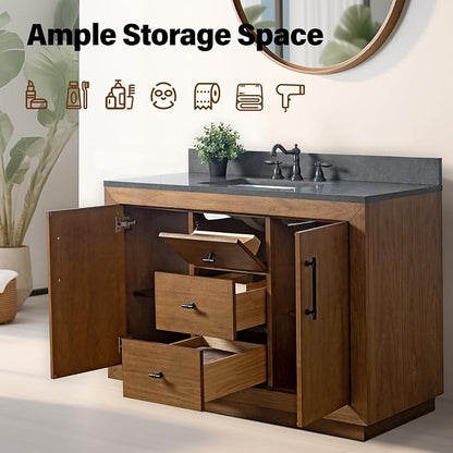 Vanity Art 48 inch Bathroom Vanity with Single Sink, Modern Wood Bath Vanity with Black Carrara Marble Top, Vanity Cabinet with Doors， Removable Shelf, Solid Wood, Ceramic Sink, Tan, VA7048B