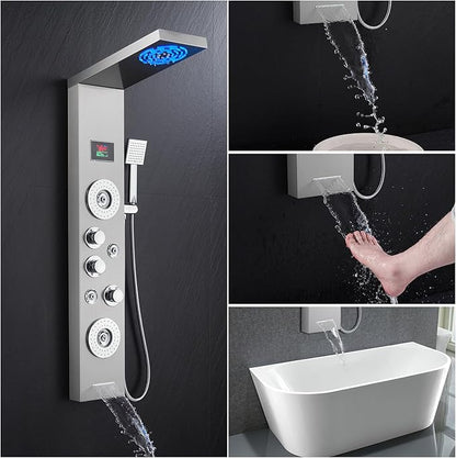 ROVATE LED Shower Panel Tower System with Rainfall and Mist Shower Head, 6-in-1 Shower Panels with Jets and Handheld and Digital Temperature Display, Shower Tower High Pressure with Tub Spout