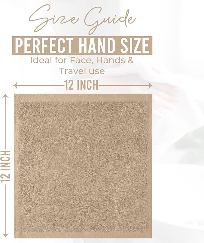 DAN RIVER 24 Pack Cotton Wash Cloths Set for Showering [12x12] Tan | Lighter Weight, Quick to Dry, Super Soft & Absorbent Face Towels, Hotel Quality, Perfect for Bathroom, Gym, Spa