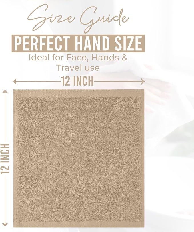 DAN RIVER 12 Pack Cotton Wash Cloths Set for Showering [12x12] Tan | Lighter Weight, Quick to Dry, Super Soft & Absorbent Face Towels, Hotel Quality, Perfect for Bathroom, Gym, Spa