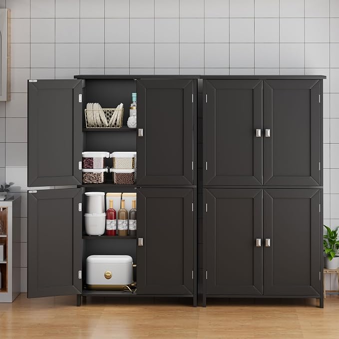 Bathroom Cabinet with Adjustable Shelf Freestanding Storage Cabinet with 2 Doors Wooden Organizer Floor for Bathroom Kitchen and Living Room (Black, 4 Doors)