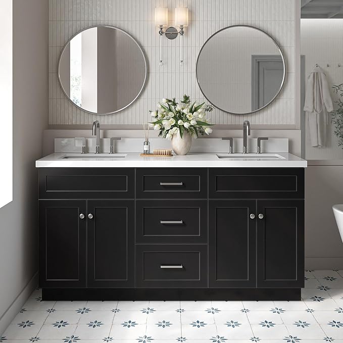 ARIEL Hamlet 66-inch Bathroom Vanity with Sink,Solid Wood, 1.5-inch Pure White Quartz Countertop & Backsplash, Double Rectangular Porcelain Sink, 4 Soft Closing Doors, 3 Dovetail Drawers, Black