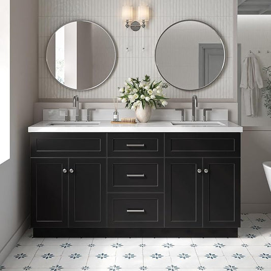 ARIEL Hamlet 66-inch Bathroom Vanity with Sink,Solid Wood, 1.5-inch Pure White Quartz Countertop & Backsplash, Double Rectangular Porcelain Sink, 4 Soft Closing Doors, 3 Dovetail Drawers, Black