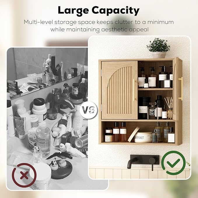 RUSTOWN Fluted Bathroom Wall Cabinet, Mid Century Modern Medicine Cabinet W/Adjustable Shelf & 2 Arched Doors, Over The Toilet Storage Cabinets for Laundry Room Kitchen Living Room, Natural Oak
