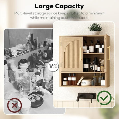 RUSTOWN Fluted Bathroom Wall Cabinet, Mid Century Modern Medicine Cabinet W/Adjustable Shelf & 2 Arched Doors, Over The Toilet Storage Cabinets for Laundry Room Kitchen Living Room, Natural Oak