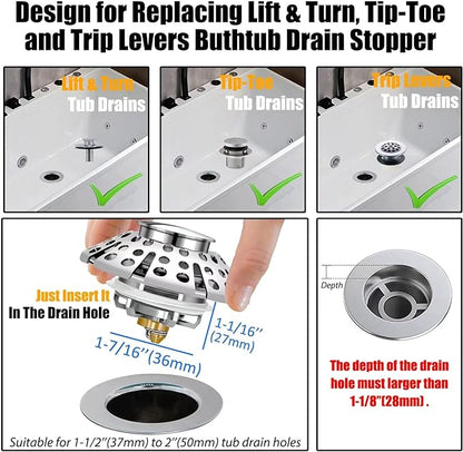 Anlige Bathtub Drain Stopper, Pop Up Tub Stopper with Hair Catcher, Bathtub Plug and Cover with Strainer, Universal for 1.5 to 1.8in Tub Drain