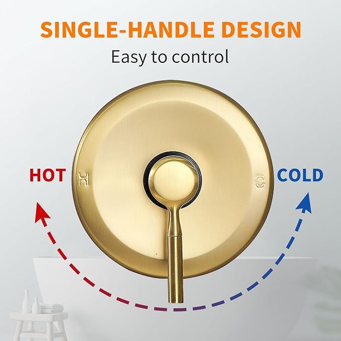 Tub Shower Faucet Set (Valve Included) with 6-Inch Rain Shower Head and Tub Spout Single-Handle Tub and Shower Trim Kit Brushed Gold