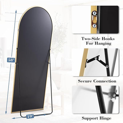 NEWBULIG Arched Full Length Floor Mirror 58"x19", Body Standing Mirror | Wall Hanging or Leaning, Shatter-Proof Glass, Aluminum Alloy Frame with Stand, Home Decor Bedroom, Gold