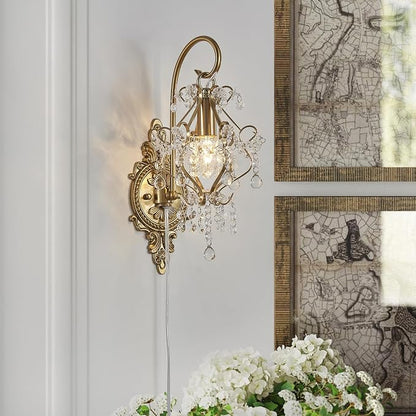 Plug in Cord Gold Crystal Vintage Indoor Wall Sconces Light Set of 2 | Modern Wall Mounted Lamp Light Fixture for Bedroom Living Room Bathroom Vanity Light Hallway Light Fixture Decor LED E12