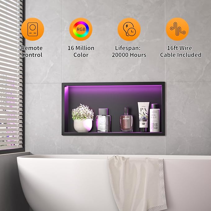 Stainless Led Shower Niche 24"x12" Black RGB Light No Tile Needed | 304 stainless steel shower niche,recessed niche shower,Led driver & remote control included,dimmable,bathroom shower storage