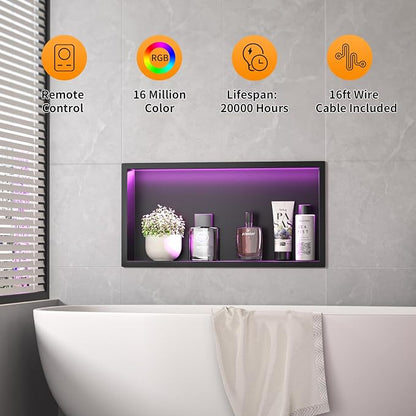 Stainless Led Shower Niche 24"x12" Black RGB Light No Tile Needed | 304 stainless steel shower niche,recessed niche shower,Led driver & remote control included,dimmable,bathroom shower storage