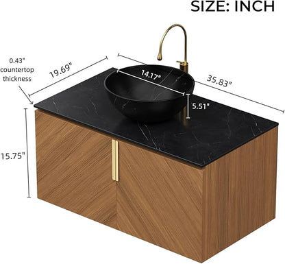 LKTART 36 Inch Bathroom Vanity with Sink, Modern Wall Mounted Bathroom Sink with 2 Doors, Black Sintered Stone Countertop and Black Bowl Ceramic Basin