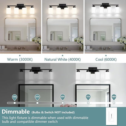 Black Bathroom Light Fixtures, 4-Light Modern Vanity Lights with Milky White Frosted Glass Shades, Wall Sconces for Mirror, Bathroom, Restroom (E26 Socket)