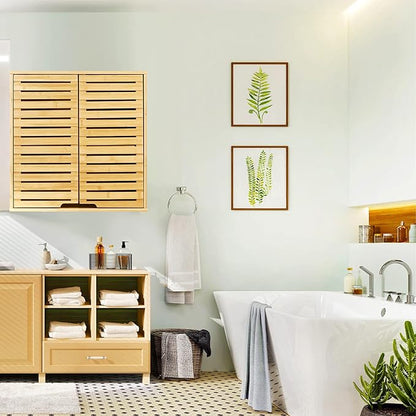 HYNAWIN Bathroom Wall Mounted Bamboo Storage Cabinet with Double Doors, 2-Tier Adjustable Shelf, Over Toilet Organizer for Bathroom, Kitchen, Entryway