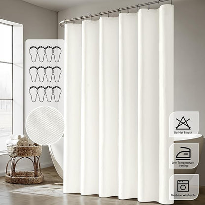 ANRODUO White Linen Textured Fabric Shower Curtain Set - W72xL80 | Farmhouse Shower Curtain with 12 Metal Hooks, Waterproof Heavy Duty, Button Hole Design, Machine Washable for Bathroom