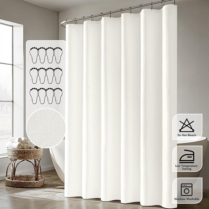ANRODUO White Linen Textured Fabric Shower Curtain Set - W72xL90 | Farmhouse Shower Curtain with 12 Metal Hooks, Waterproof Heavy Duty, Button Hole Design, Machine Washable for Bathroom