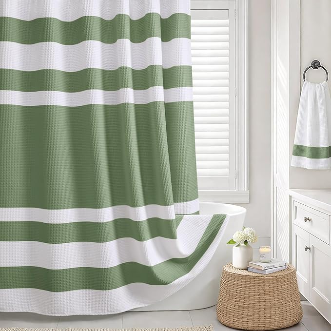 Sage Green Shower Curtain Cotton Waffle Stripe Shower Curtains for Bathroom 72"x72"