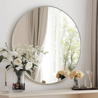 Round Mirror, 26 inch Silver Circle Mirror,Bruhsed Nickel Metal Frame | High Definition,Waterproof,Rust-resistant,Round Mounted Mirrors for Bathroom,Living Room,Bedroom,Hallyway,Vanity,Wall Décor