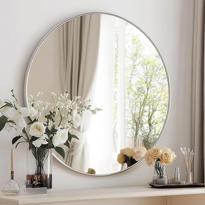 Round Mirror, 24 inch Silver Circle Mirror,Bruhsed Nickel Metal Frame | High Definition,Waterproof,Rust-resistant, Round Mounted Mirrors for Bathroom,Living Room,Bedroom,Hallyway,Vanity,Wall Décor
