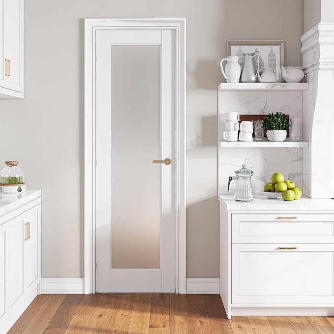 SMARTSTANDARD 24" x 80" Slab Door, Solid Core Frosted Glass Pantry Door | Pre-Assembled Interior Door without Hardware Kit for Pantry, Pocket, White Primed, Paintable Surface