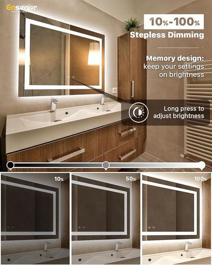 Ensenior LED Bathroom Mirror 60"x 40" with Front and Backlight, Stepless Dimmable Wall Mirrors with Anti-Fog, Shatter-Proof, Memory, 3 Colors, Modern LED Vanity Mirror- FCC