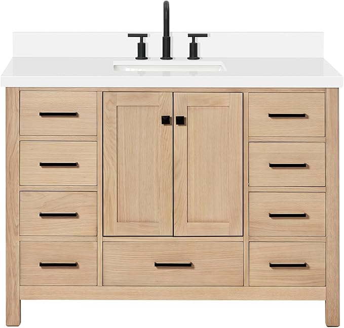 ARIEL 49 inch Bathroom Vanity top with Sink, 1.5 Inch Thick Miter Edge White Quartz top, Rectangle Single Porcelain Sink, Includes Backsplash