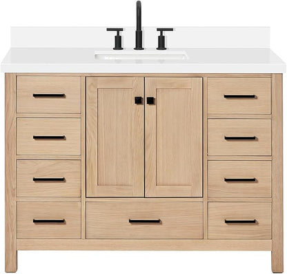 ARIEL 49 inch Bathroom Vanity top with Sink, 1.5 Inch Thick Miter Edge White Quartz top, Rectangle Single Porcelain Sink, Includes Backsplash