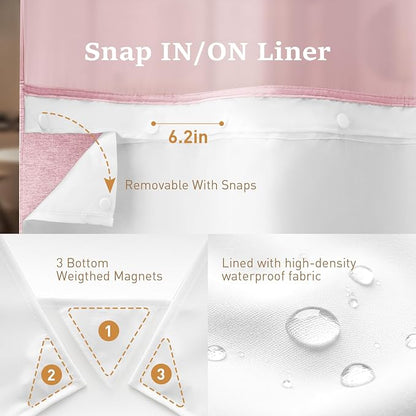 Pink Ringless Linen Textured Shower Curtain with Snap in Liner, 72x75 | 3 in 1 Hotel Shower Curtain Set, Removable Liner, Waterproof & Washable, Mesh Top Window, Durable Fabric, Easy to Install