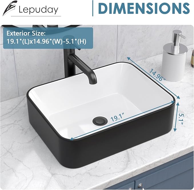 Bathroom Vessel Sink 19" x 15" Rectangle Bathroom Sinks Above Counter | Black and White Porcelain Ceramic Vessel Sinks Vanity Sink Rectangular Modern Above Counter Bathroom Vessel Sink
