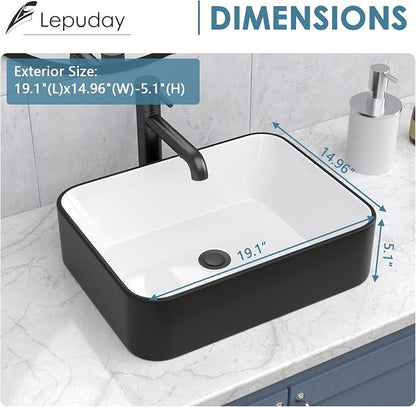 Bathroom Vessel Sink 19" x 15" Rectangle Bathroom Sinks Above Counter | Black and White Porcelain Ceramic Vessel Sinks Vanity Sink Rectangular Modern Above Counter Bathroom Vessel Sink