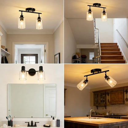 HiBay 2-Light Track Lighting Fixture Black, Glass Ceiling Wall Spotlight | Rotatable 2 Heads with Glass Shades, Modern Farmhouse Industrial, for Bedroom, Kitchen Sink, Loft, E26 Base