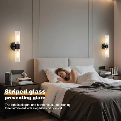 Bathroom Light Fixtures 2-Light, Modern Vanity Light for Bathroom, Wall Sconce with Frosted Glass Rods Shades, Hardwired Wall Light Fixtures for Living Room Bedroom Hallway (Black)