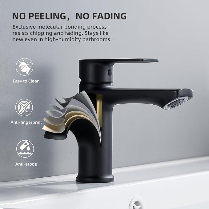 BELZ Black Bathroom Faucet, Lead-Free Single Hole Sink Faucet for Vanity | NSF372 Certified, Anti-peeling PVD Black Finish, Water-saving & Anti-splash, Single Handle Modern Design with Hot/Cold Hoses