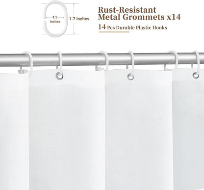 BTTN 84x72 Boho Scalloped Linen Textured Cloth Shower Curtain Set, White | Wide Size, 230GSM Waterproof Polyester, Heavy Duty Fabric, 14 Plastic Hooks, Elegant Modern Farmhouse Style, Machine Washable